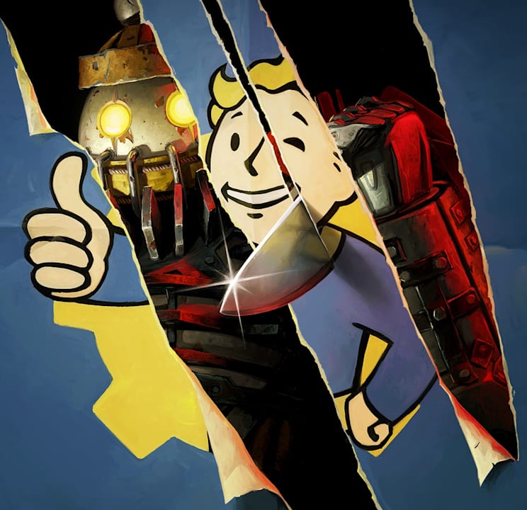 A banner of Vault Boy giving a thumbs up is sliced through, revealing The Slasher