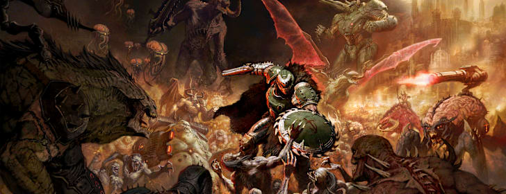 Key art of the DOOM Slayer battling hordes of demons
