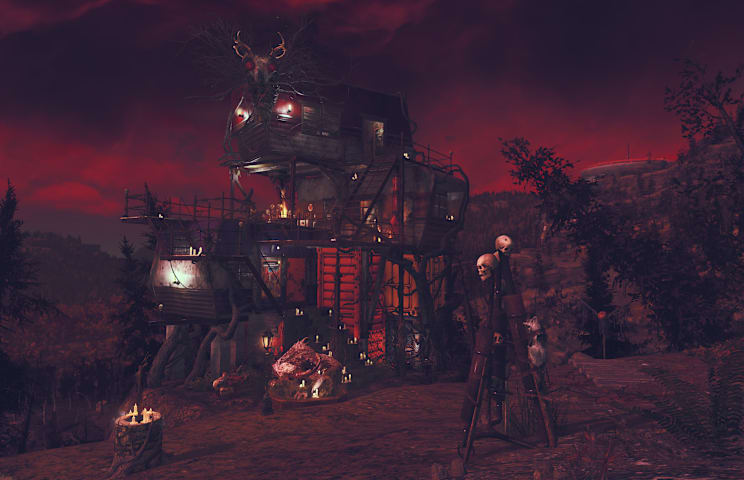 A spooky tiered cultist camp under a blood moon sky