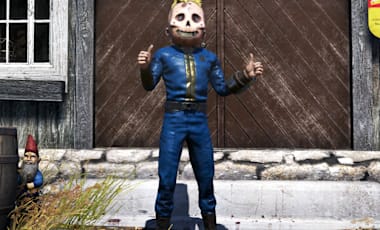 A character in a vault suit, wearing a ghoul vault boy mask