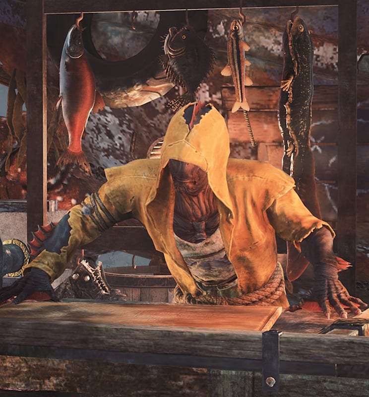 An image of a hooded, fish/humanoid looking creature standing behind a desk. It's hands on on the table.