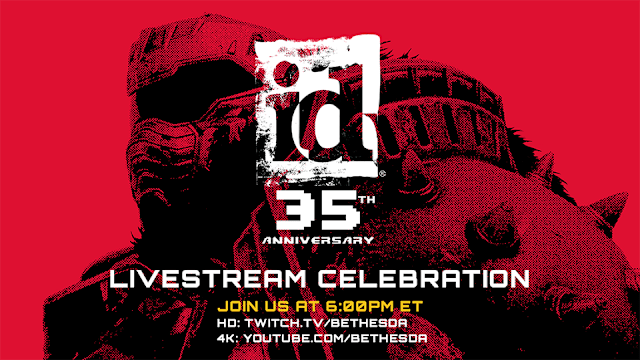 Red-and-black artwork of the id Software 35th Anniversary logo and livestream details