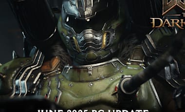 Image of the DOOM Slayer piloting a giant Atlan mech with DOOM: The Dark Ages logo in the top right and the following text at the bottom center, "June 2025 PC Update" followed by white text in a red box, "Available Now".