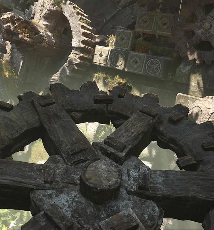 Indy holds a large cog as he solves a massive gear-based puzzle in Sukhothai
