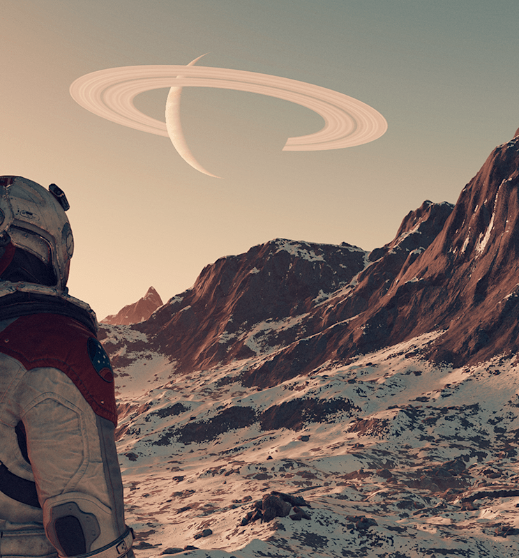A person in a spacesuit exploring a planet