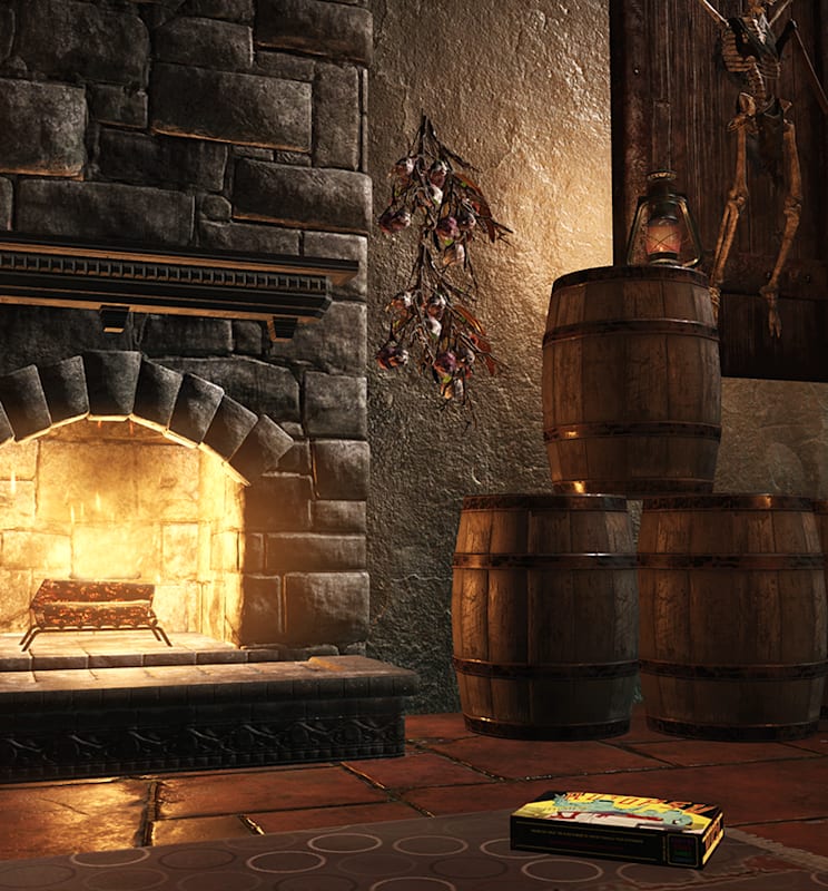 A dimly lit room in Fallout 76 with a roaring fireplace, barrels, and game-themed decorations on the walls