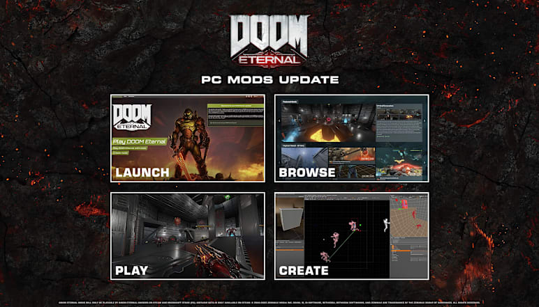 Image of DOOM Eternal PC Mods Updates showing four squares: Launch, Browse, Play, and Create.