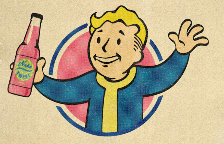 Illustration of Vault Boy holding a bottle of Nuka Twist