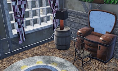 A cozy rustic room with a Fallout 76 circle rug, dresser, and window with rustic curtains