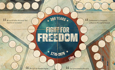 A look at the Scoreboard for Season 14, "Fight for Freedom" with patriotic images of historic battles and events from Fallout's timeline, including Liberty Prime on parade.