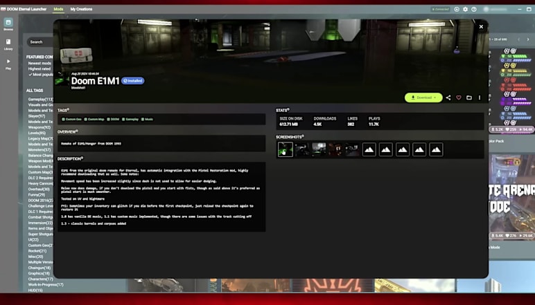 Image of DOOM Eternal's Mods Browser mod description.