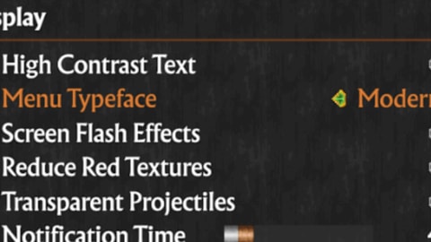 In-game menu with text altered to a Modern font from its original pixelated typeface.