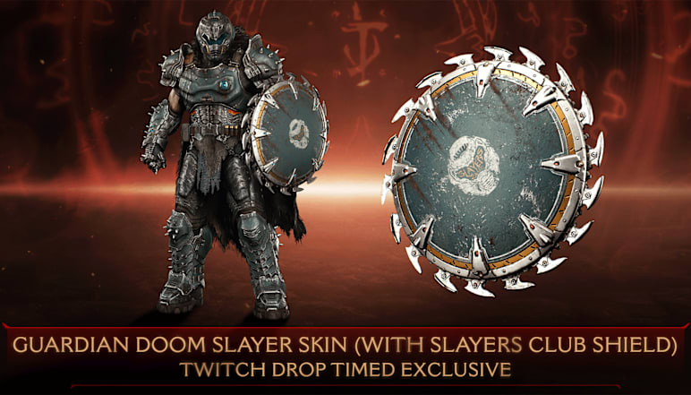 The DOOM Slayer in bluish-grey and gold accent colors. His Shield Saw bears the Slayers Club logo.