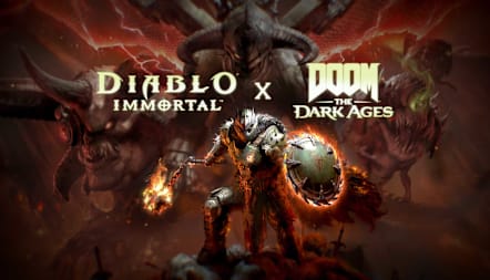 Artwork featuring the Diablo Immortal and DOOM: The Dark Ages logo with characters in the background.