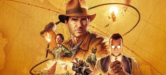 Indiana Jones and the Great Circle key art, showing a collage featuring Indiana Jones, Gina Lombardi, Emmerich Voss, and Locus