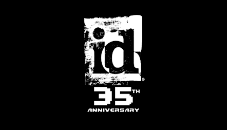 A white id Software logo on a black background with "35th Anniversary" written underneath.