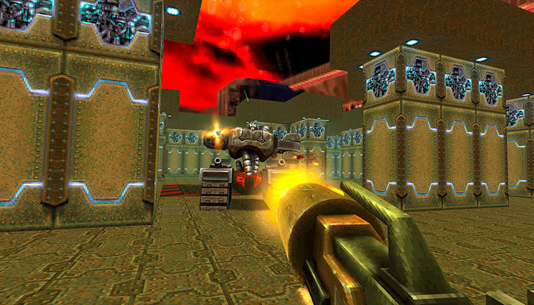 The player fires upon a boss creature in Quake II