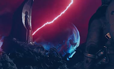 A space explorer stands in front of an ominous building as a bolt of bright crimson lightning strikes in the distance.