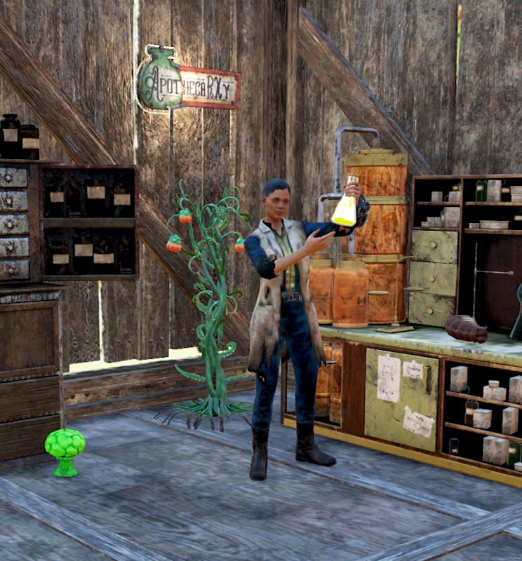 A character holding up a filled beaker, with two apothecary shelves behind them.