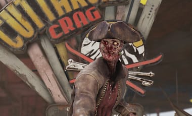 A zombie pirate standing in front of a Cutthroat Crag sign.