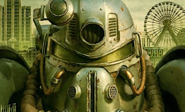 A close up of power armor with Atlantic City in the background.