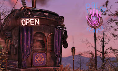 Screenshot from Fallout 76 showing the Good Fortunes bundle, featuring a fortune-telling caravan with neon 'OPEN' and 'PALM READER' signs, purple curtains, and mystical symbols, set against a pink-purple sky and barren trees.