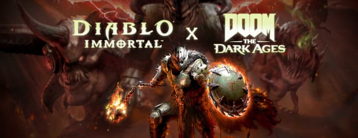 Artwork featuring the Diablo Immortal and DOOM: The Dark Ages logo with characters in the background.