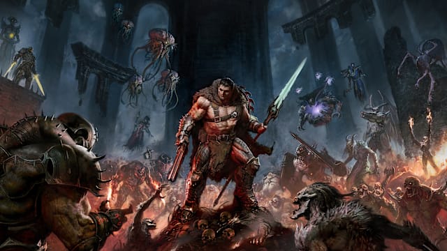 Keyart for DOOM: The Dark Ages | Revelations featuring the Slayer with Chain Spear.