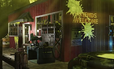A screenshot of a CAMP in Fallout 76. The building is made of red wood slabs, and has various green glowing decorations on it. It's sat on a tall foundation. In the forefront you can see part of a rad-goo hot tub.