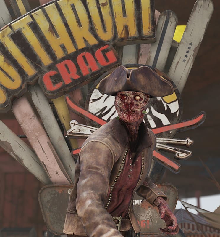A zombie pirate standing in front of a Cutthroat Crag sign.