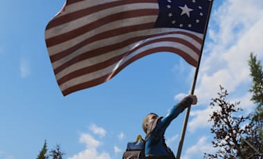 A character waving a red, white, and blue flag.