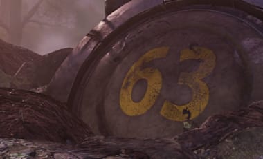 The door for Vault 63 is embedded into the ground after being blown off it's hinges.