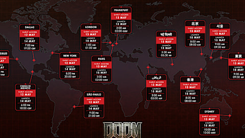 A global map projection listing the times for Early Access and Launch for the game, labeled by region and timezone.
