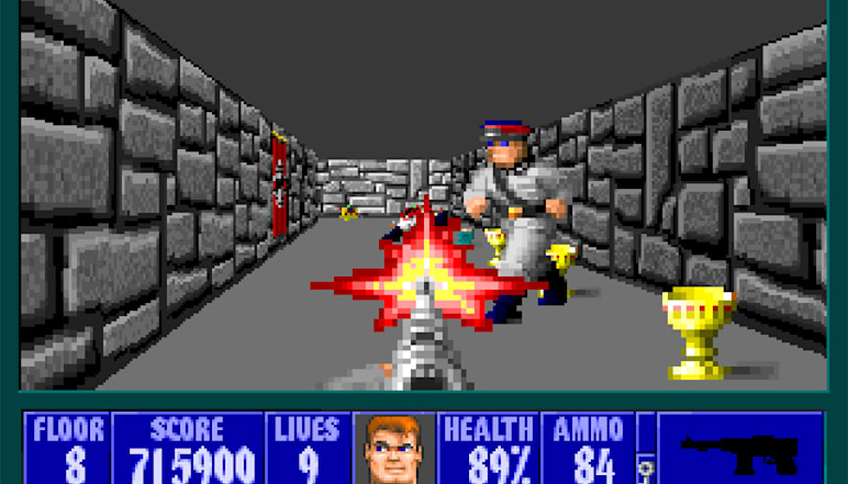 Wolfenstein 3D gameplay featuring the player in a gunfight with enemies