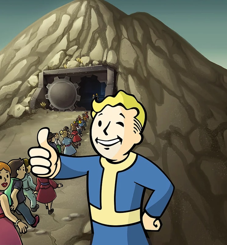 Fallout Shelter keyart featuing Vault Boy leading dwellers into a Vault