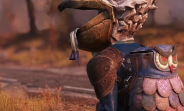 A character wearing a whimsical pelican mask and a colorful, scaled Owl backpack sits on a path surrounded by autumn foliage