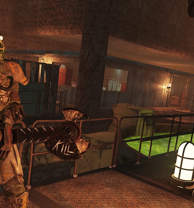 A fully armored character in Fallout 76 holding a large rusted looking auto axe weapon