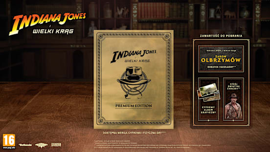 Grafika przedstawiająca zawartość Edycji Premium: dodatek Zakon Olbrzymów, wcześniejszy dostęp do gry, cyfrowy album graficzny i strój Świątyni Zagłady.