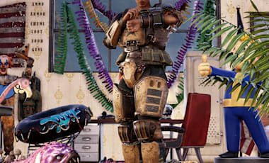A character checks their Pip-Boy inside a room filled with expressive decorations, ranging from potted plants and wall art to signage and cutout standees.