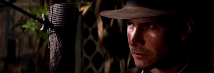 Indiana Jones looks at an arrow lodged into a wooden post