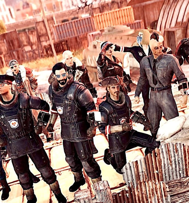 A group of player characters standing inside a makeshift fort.