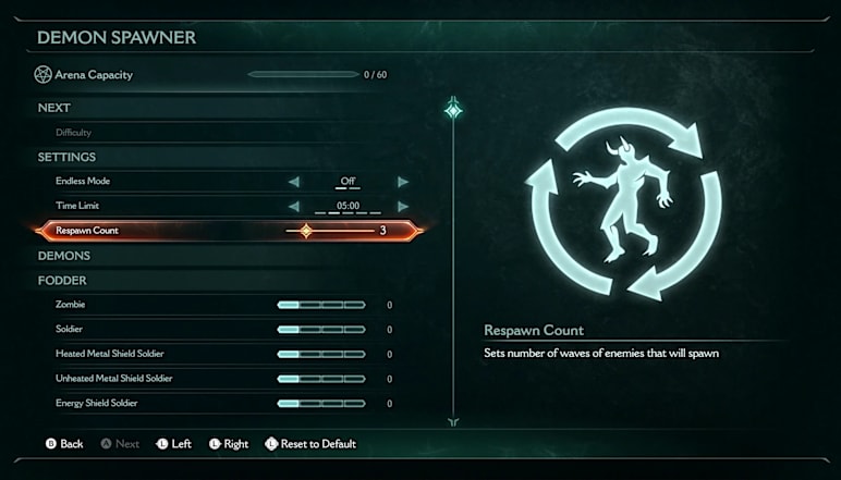 Image of the Encounter Manager selecting the Enemy Respawn Counter from the Ripatorium in DOOM: The Dark Ages.