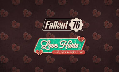 The logo for Fallout 76 and the Love Hurts Mini Season on a backdrop of pierced Valentine's hearts