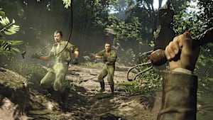 Indiana Jones using the whip against an enemy to control combat without wasting ammunition during achievement cleanup