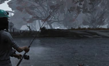 Screenshot of a character fishing and starting to reel in a fish