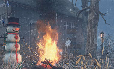 Snowy camp with a snowman weather control station in front of a warm campfire