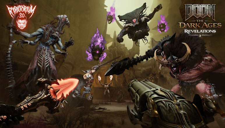 A chaotic scene from a video game featuring monstrous creatures, including a large beast with spikes, attacking a character wielding a futuristic weapon. Purple magic orbs float around, adding to the intensity of the battle.