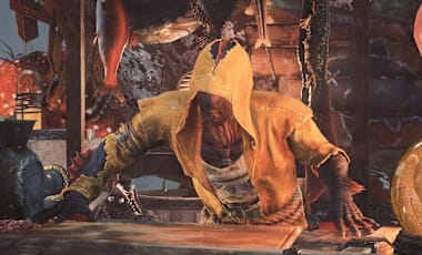 An image of a hooded, fish/humanoid looking creature standing behind a desk. It's hands on on the table.