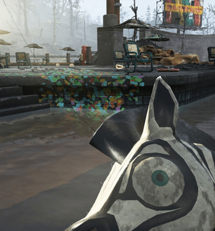 Screenshot of a character fishing in the background, and in the foreground is a zebra mask on a boat, with its eye peeking out in focus