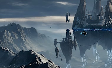 The Sentinel Command Station hovers over windswept mountain peaks.
